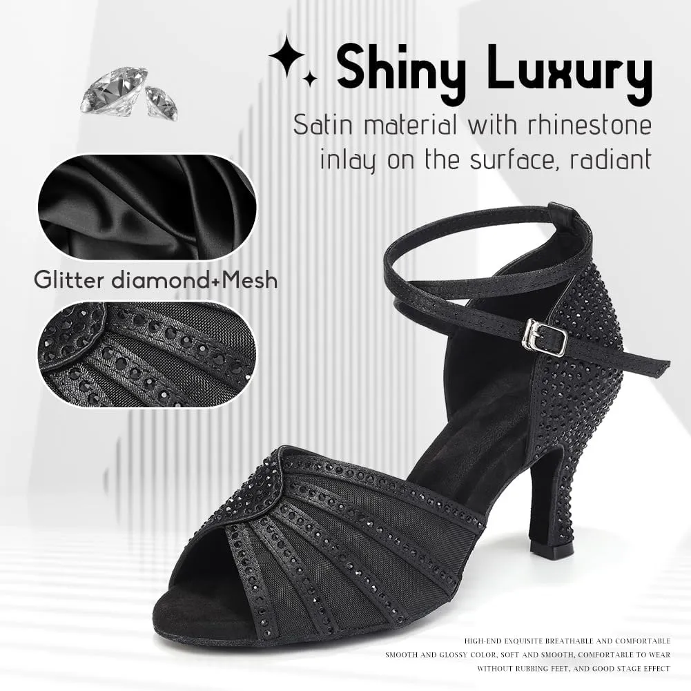 Women's Ballroom Dance Shoes Rhinestones Open Toe Professional Latin Salsa Performance Dancing Heels,Model YC-L598-Suede Sole-3Heel