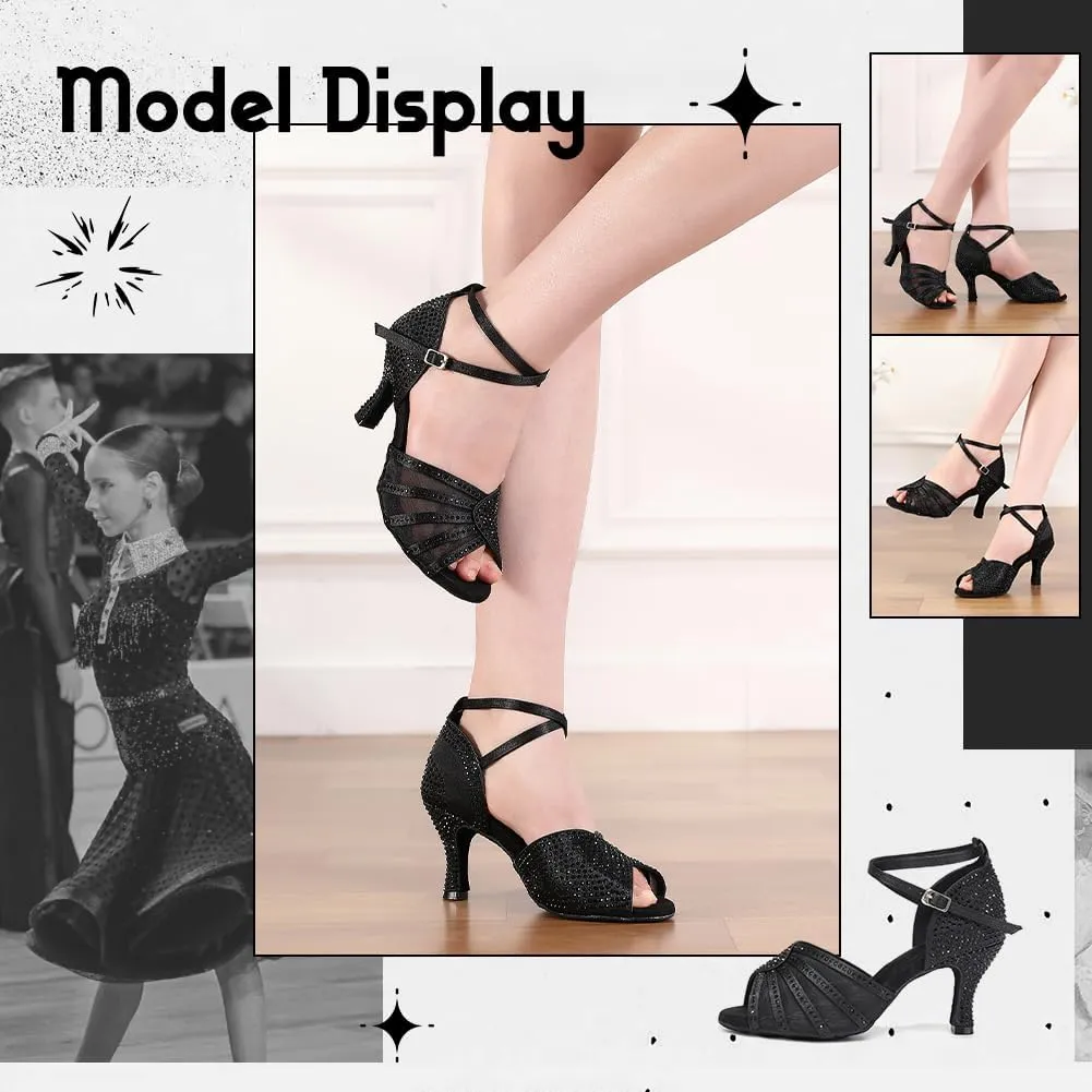 Women's Ballroom Dance Shoes Rhinestones Open Toe Professional Latin Salsa Performance Dancing Heels,Model YC-L598-Suede Sole-3Heel