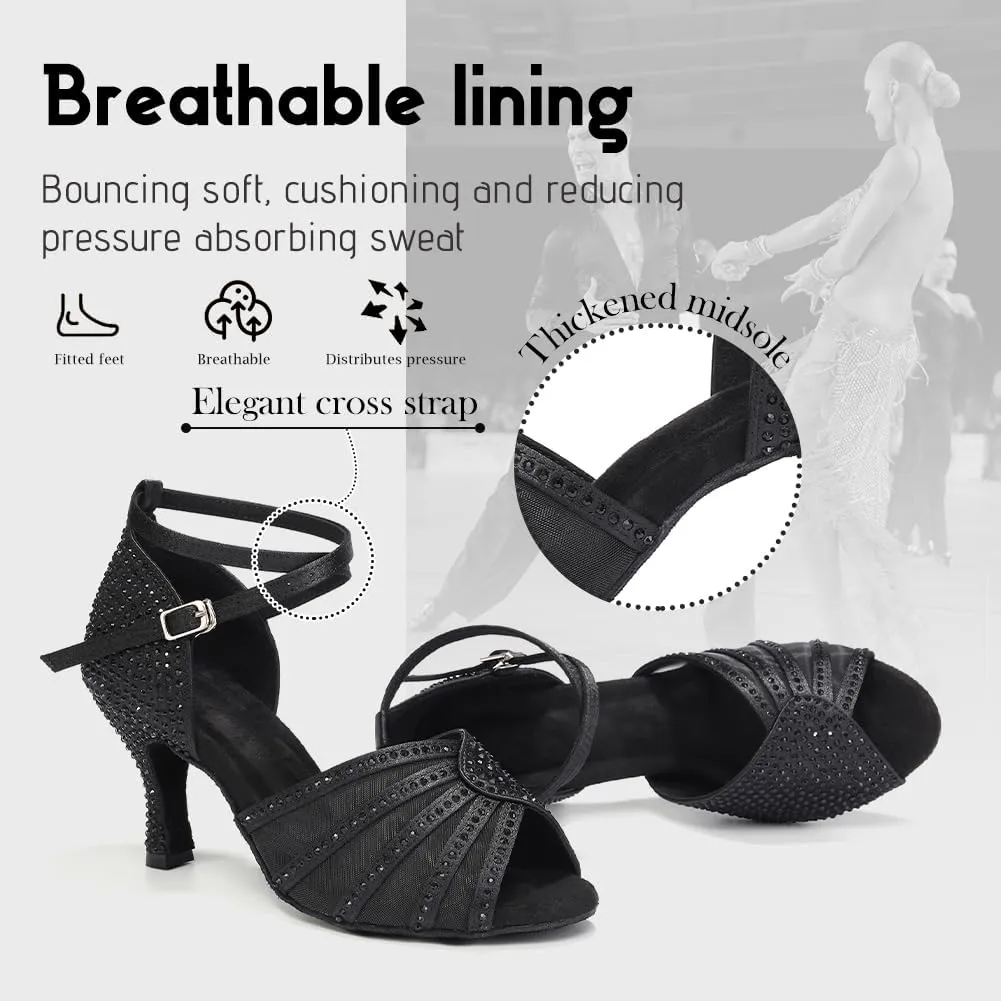 Women's Ballroom Dance Shoes Rhinestones Open Toe Professional Latin Salsa Performance Dancing Heels,Model YC-L598-Suede Sole-3Heel