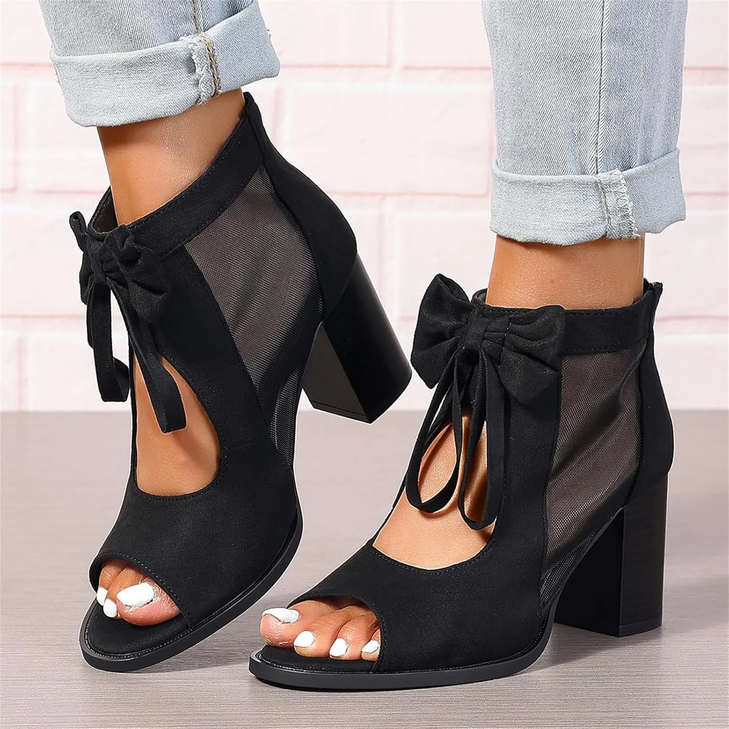 Womens Chunky High Heel Sandals Ankle Strap Open Toe Dress Shoes Cut Out Mesh Bows Strappy Sandals High Block Heels Peep Toe Summer Ankle Boots Fish Mouth Fashion Breathable Dressy Booties Shoes