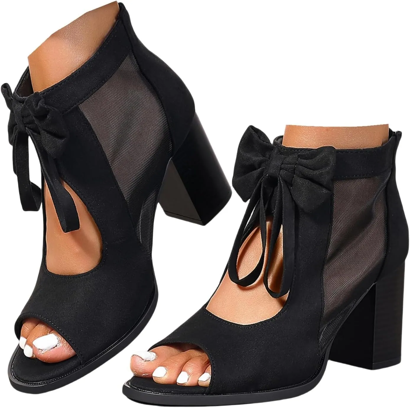 Womens Chunky High Heel Sandals Ankle Strap Open Toe Dress Shoes Cut Out Mesh Bows Strappy Sandals High Block Heels Peep Toe Summer Ankle Boots Fish Mouth Fashion Breathable Dressy Booties Shoes