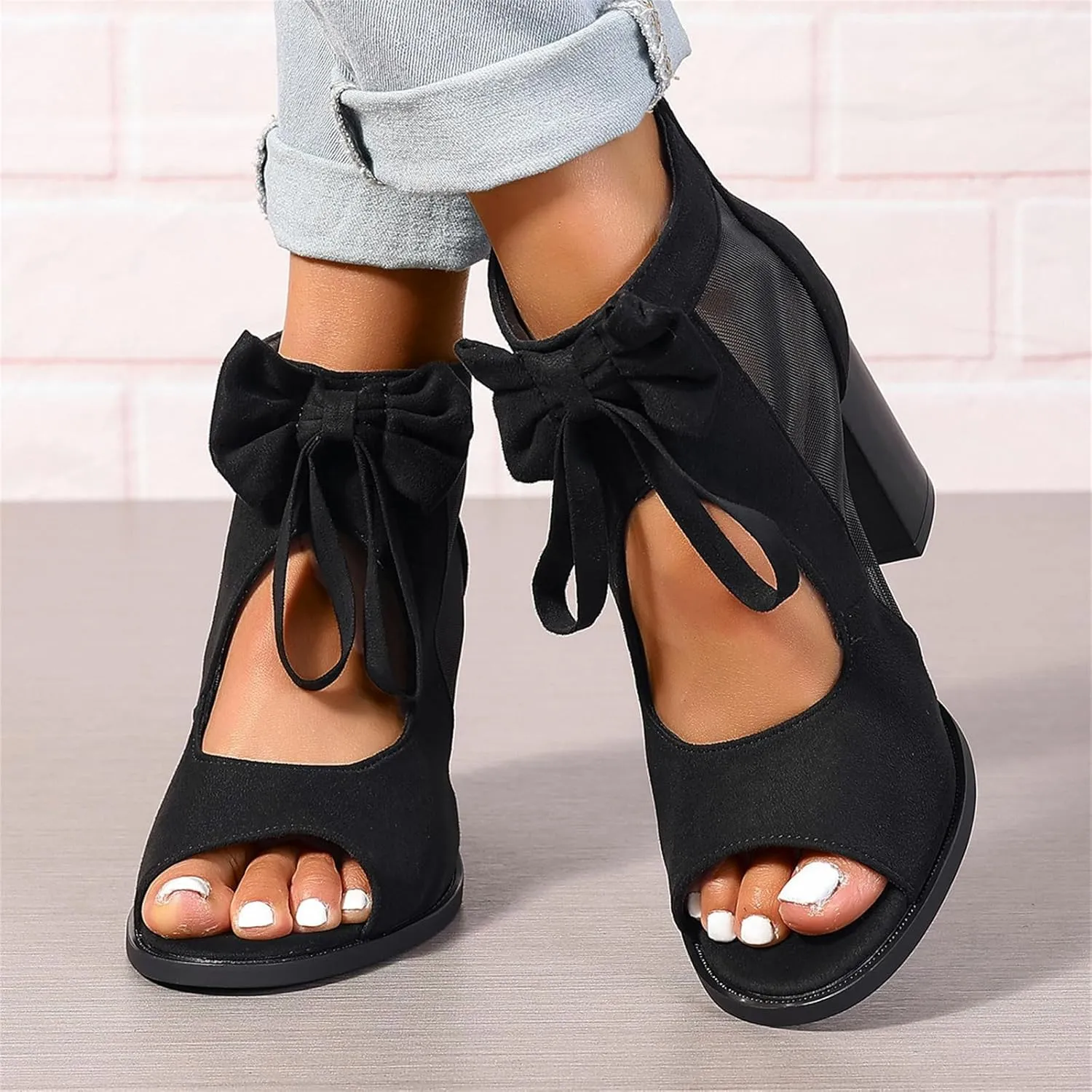 Womens Chunky High Heel Sandals Ankle Strap Open Toe Dress Shoes Cut Out Mesh Bows Strappy Sandals High Block Heels Peep Toe Summer Ankle Boots Fish Mouth Fashion Breathable Dressy Booties Shoes