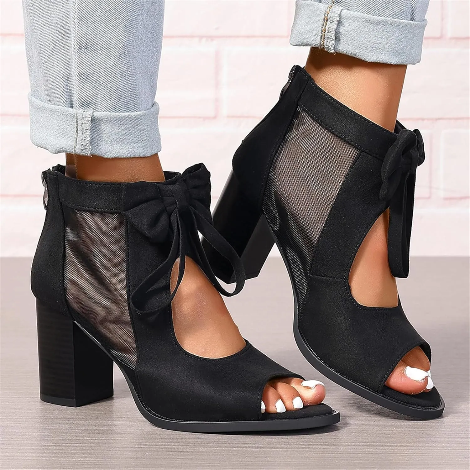 Womens Chunky High Heel Sandals Ankle Strap Open Toe Dress Shoes Cut Out Mesh Bows Strappy Sandals High Block Heels Peep Toe Summer Ankle Boots Fish Mouth Fashion Breathable Dressy Booties Shoes