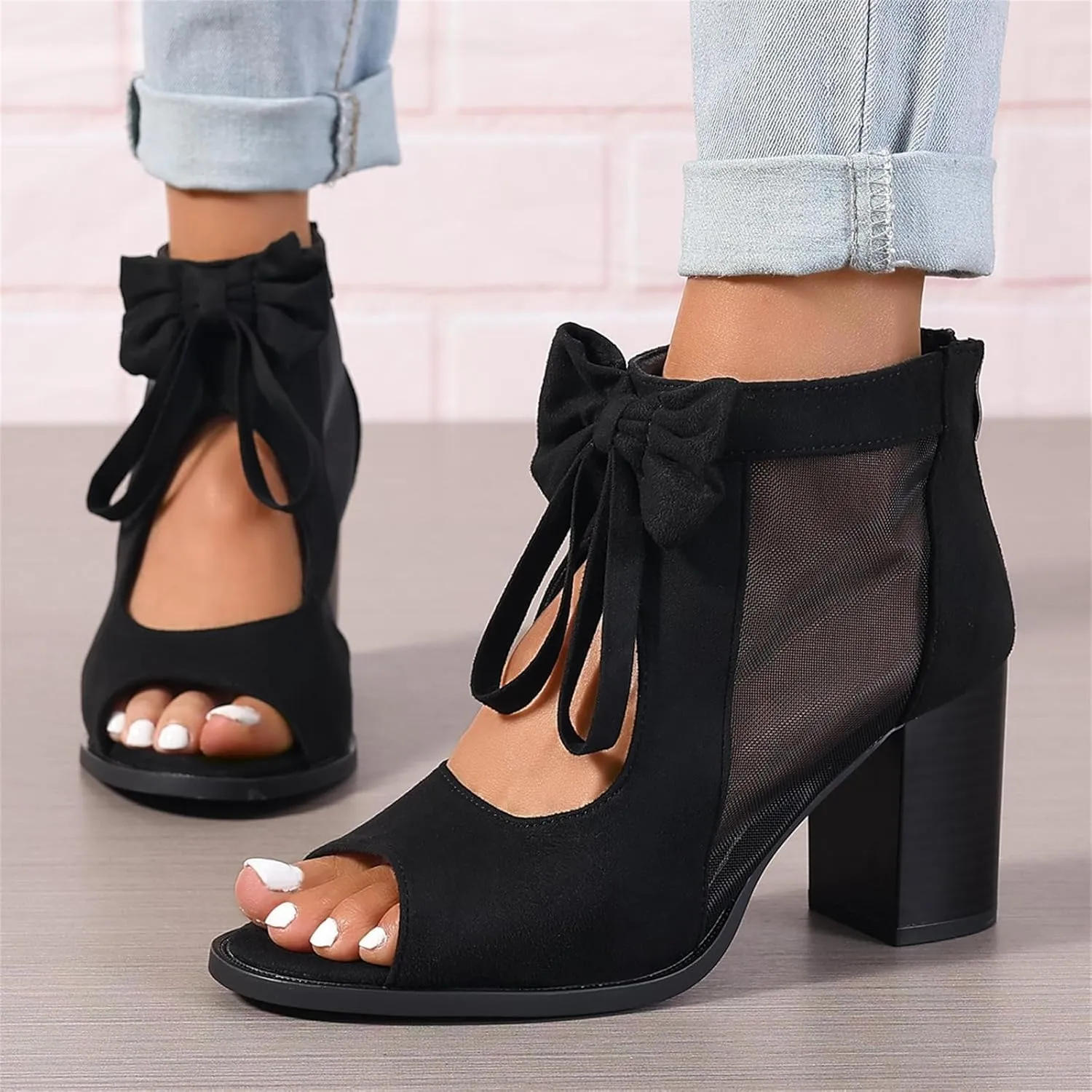 Womens Chunky High Heel Sandals Ankle Strap Open Toe Dress Shoes Cut Out Mesh Bows Strappy Sandals High Block Heels Peep Toe Summer Ankle Boots Fish Mouth Fashion Breathable Dressy Booties Shoes