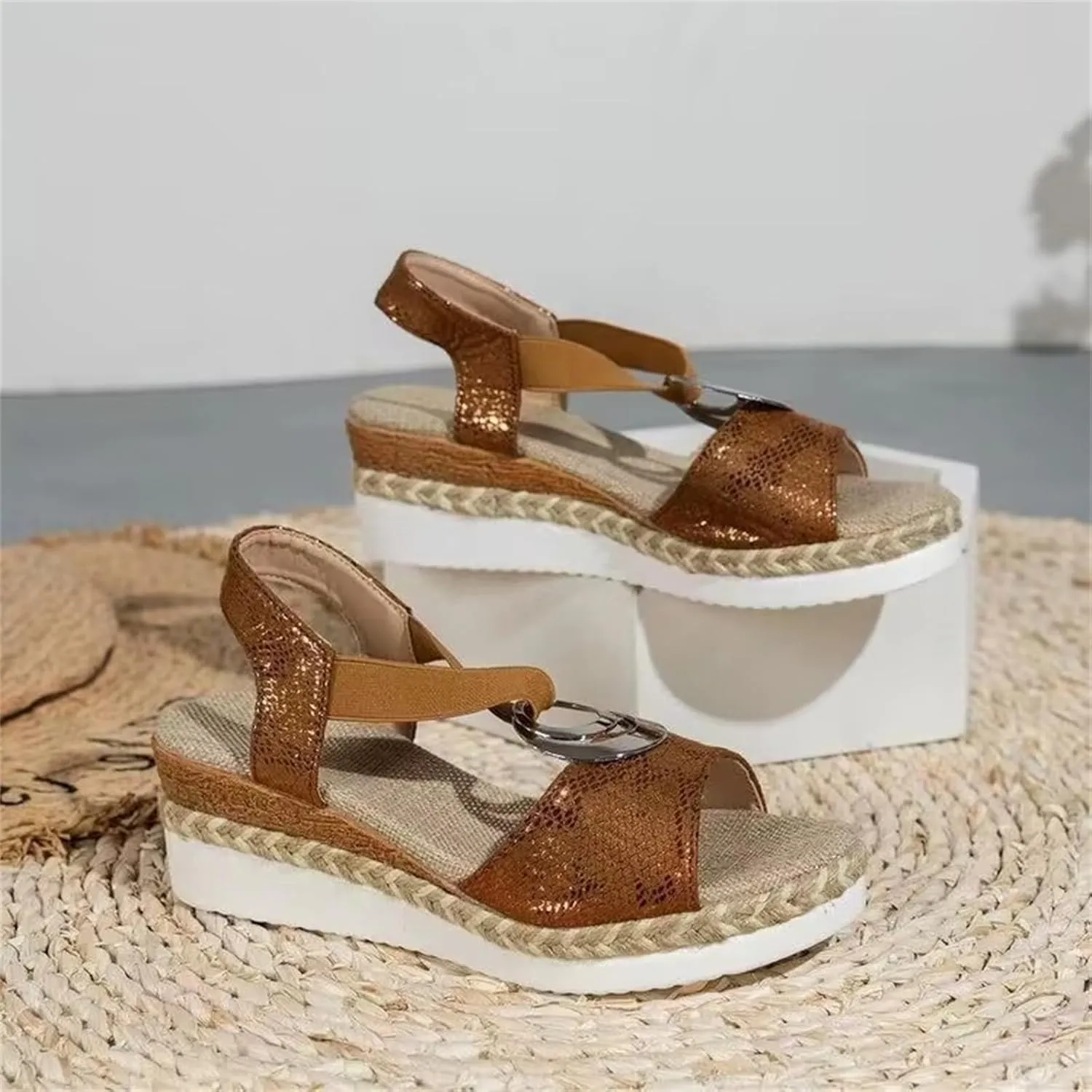 Womens Flat Sandals Dressy Casual Bohemian Style Summer Beach Comfortable Walking Slip on Shoes Orthopedic Wedge Open Toe Breathable Arch Support Elegant Sandals