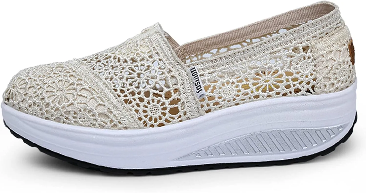 Women's Floral Embroidery Lace Mesh Air Cushion Sneakers,Comfortable Orthopedic Diabetic Walking Toning Shoes Breathable Slip On Platform Loafers Casual Fashion Rocker Shoes