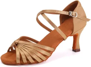 Women's Latin Dance Shoes Satin Professional Ballroom Salsa Practice Performance Dance Heels,Model EM1219