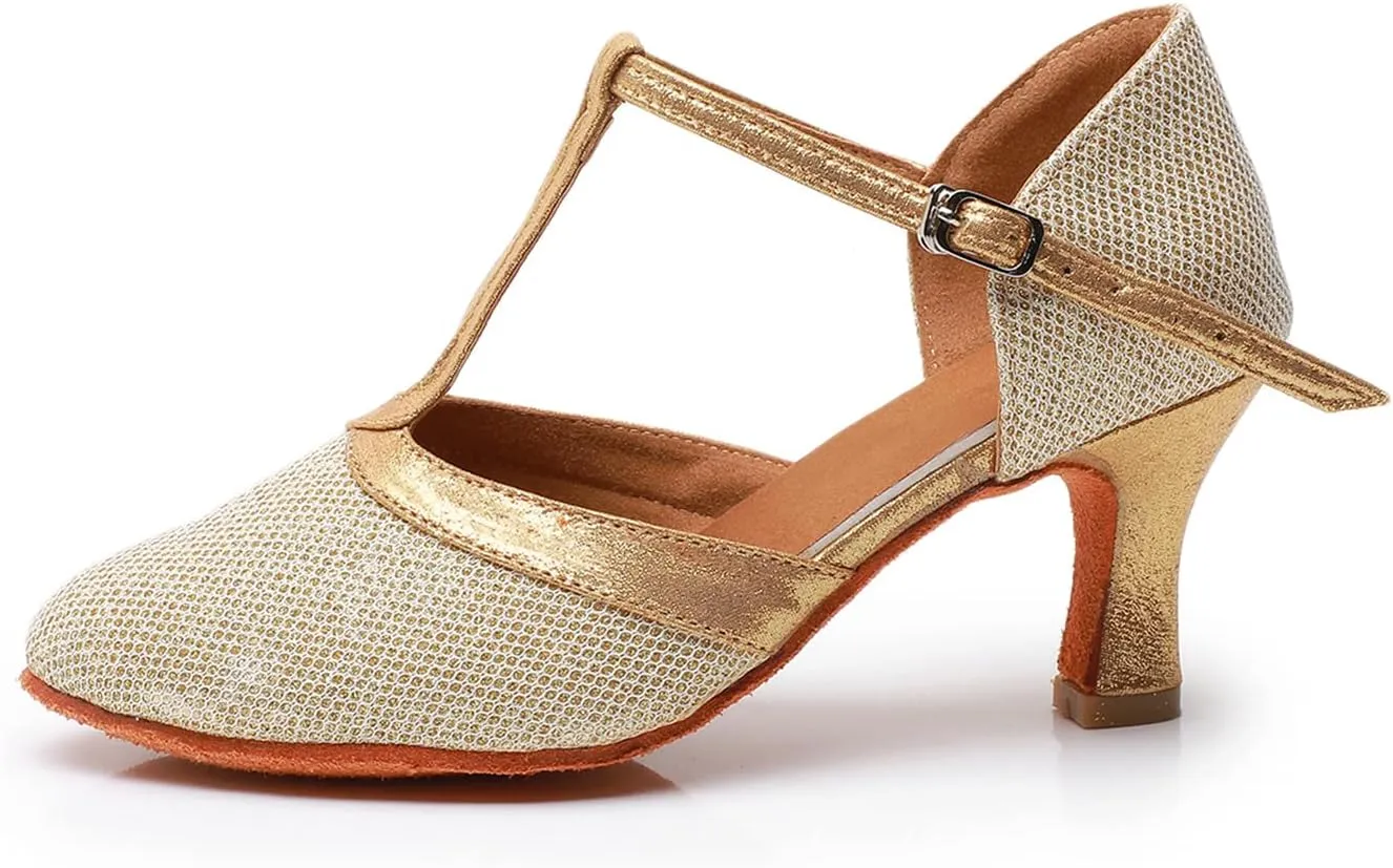 Womens Latin Dance Shoes T-Strap Salsa Ballroom Dance Heels Sequins Character Shoes Prom Pumps