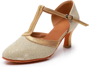 Womens Latin Dance Shoes T-Strap Salsa Ballroom Dance Heels Sequins Character Shoes Prom Pumps