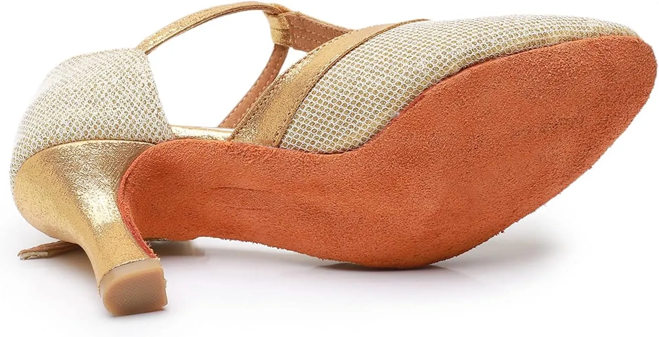 Womens Latin Dance Shoes T-Strap Salsa Ballroom Dance Heels Sequins Character Shoes Prom Pumps