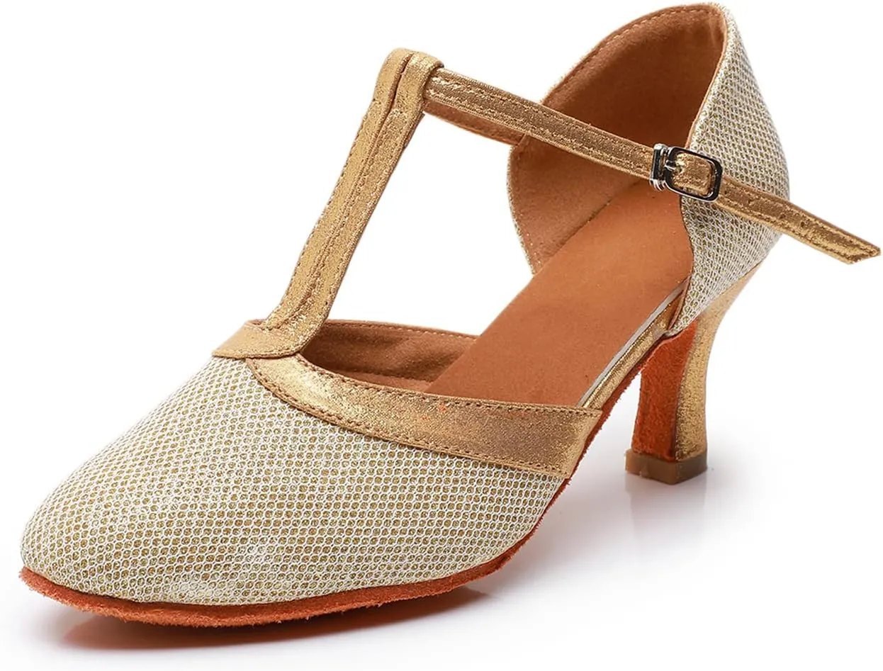 Womens Latin Dance Shoes T-Strap Salsa Ballroom Dance Heels Sequins Character Shoes Prom Pumps