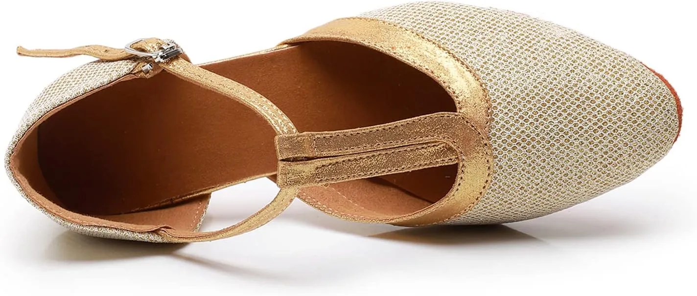 Womens Latin Dance Shoes T-Strap Salsa Ballroom Dance Heels Sequins Character Shoes Prom Pumps