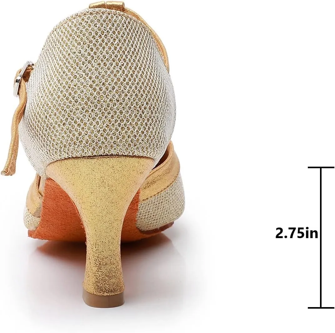 Womens Latin Dance Shoes T-Strap Salsa Ballroom Dance Heels Sequins Character Shoes Prom Pumps