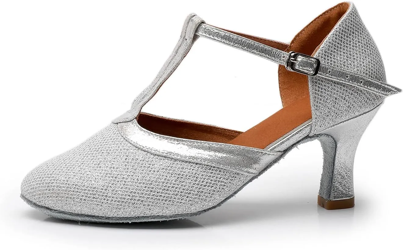 Womens Latin Dance Shoes T-Strap Salsa Ballroom Dance Heels Sequins Character Shoes Prom Pumps