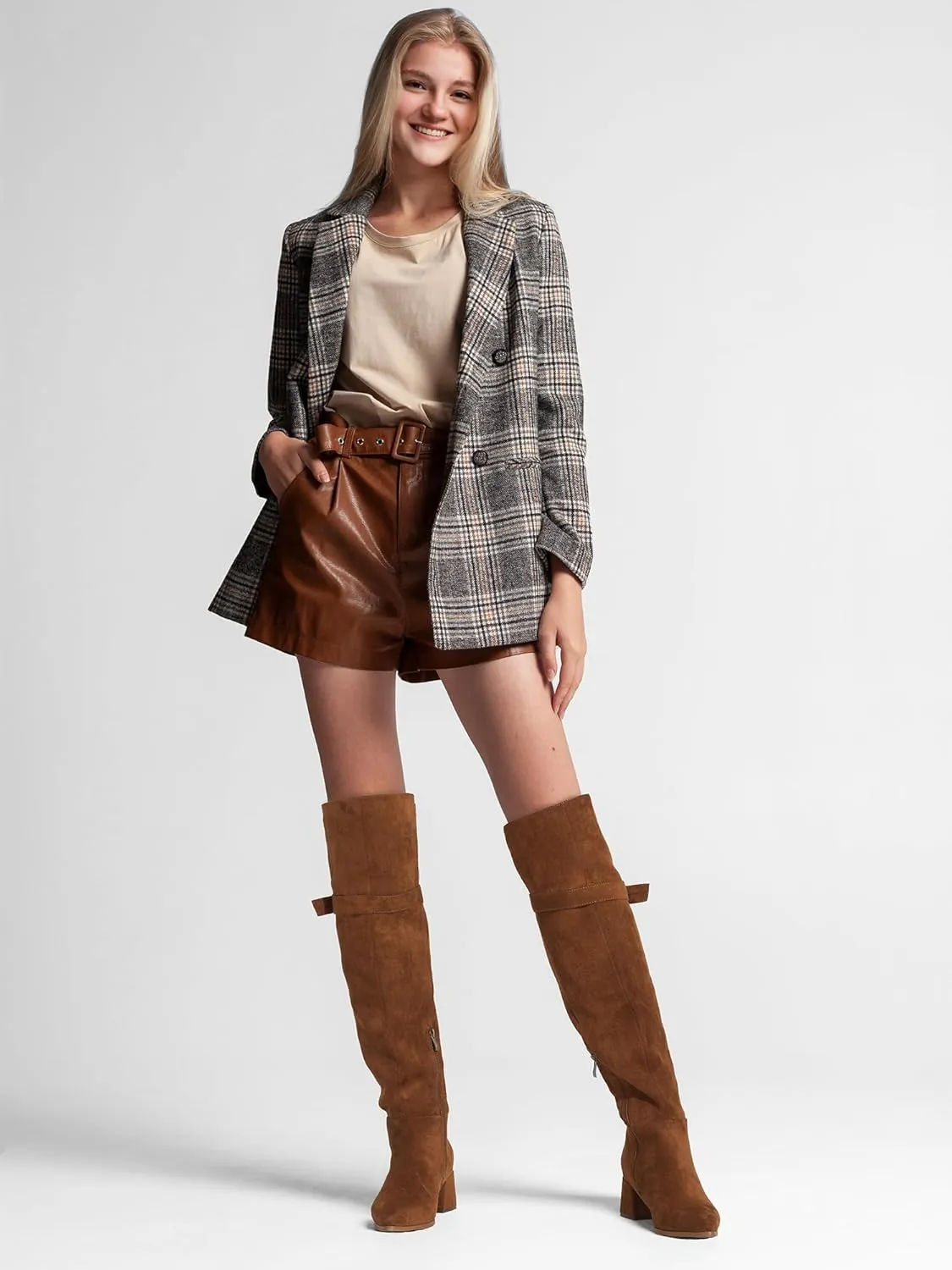 Women's Over The Knee Boots Chunky Heel Thigh High Boots Suede Long Boots Pointed Toe Tall Boots for Women