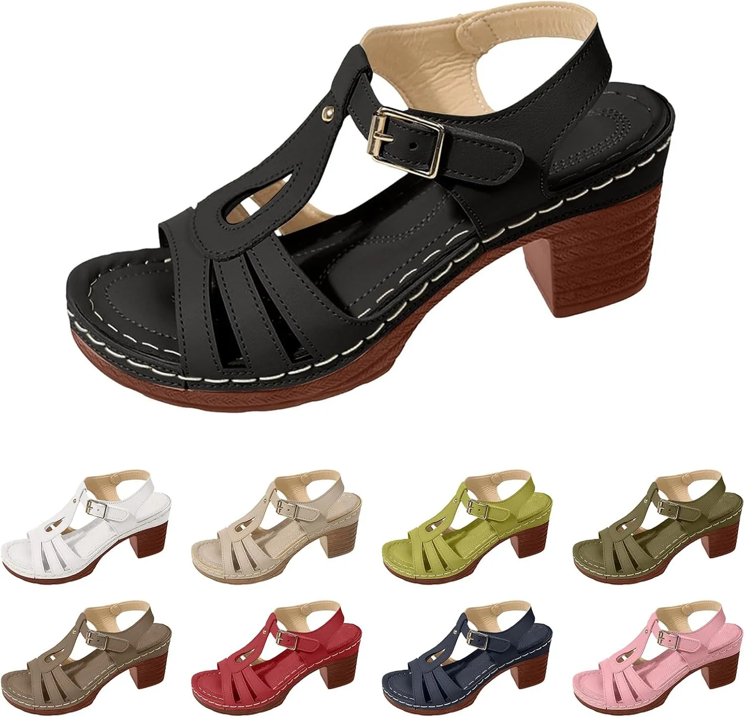 Womens Sandal Heels Comfortable Arch Support Ankle Strap Open Toe Platform Slip on Outdoor Shoes Orthopedic Hollow Out Breathable Summer Walking Sandals