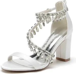 Womens Wedding Shoes Mid-Heel Wedding Sandals for Brides Open-Toe, Rhinestone-Accented with Zipper - Ideal for Formal Parties & Summer Weddings(White,10)