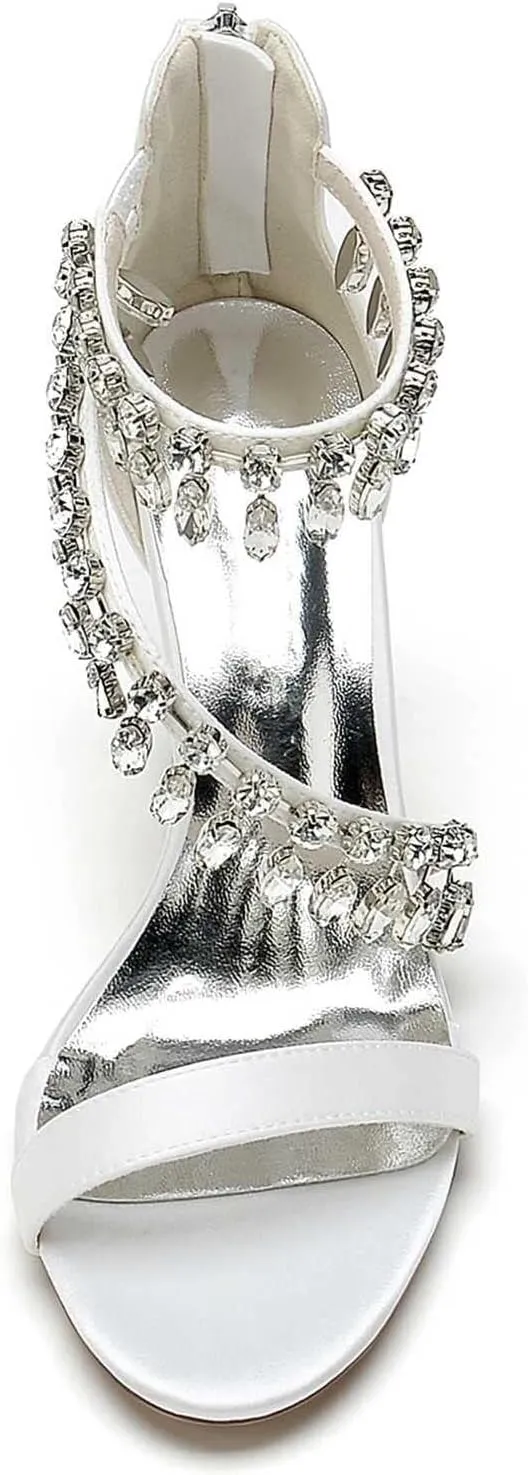 Womens Wedding Shoes Mid-Heel Wedding Sandals for Brides Open-Toe, Rhinestone-Accented with Zipper - Ideal for Formal Parties & Summer Weddings(White,10)