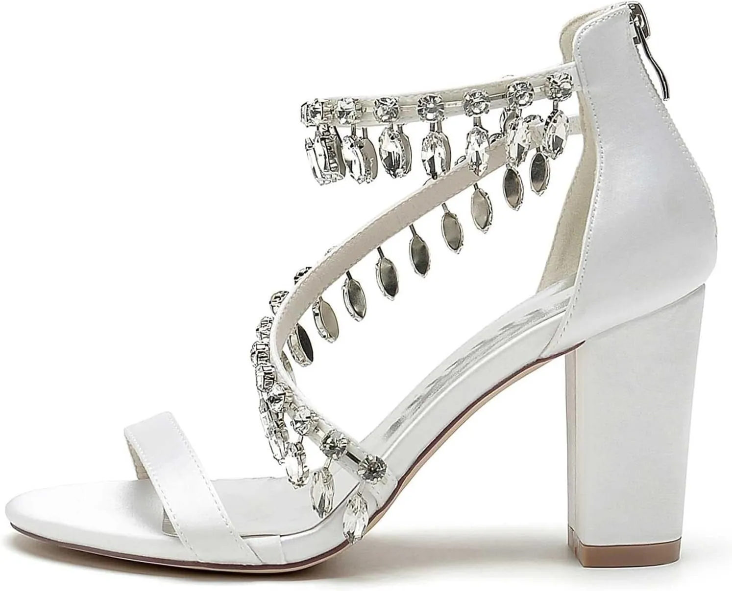 Womens Wedding Shoes Mid-Heel Wedding Sandals for Brides Open-Toe, Rhinestone-Accented with Zipper - Ideal for Formal Parties & Summer Weddings(White,10)