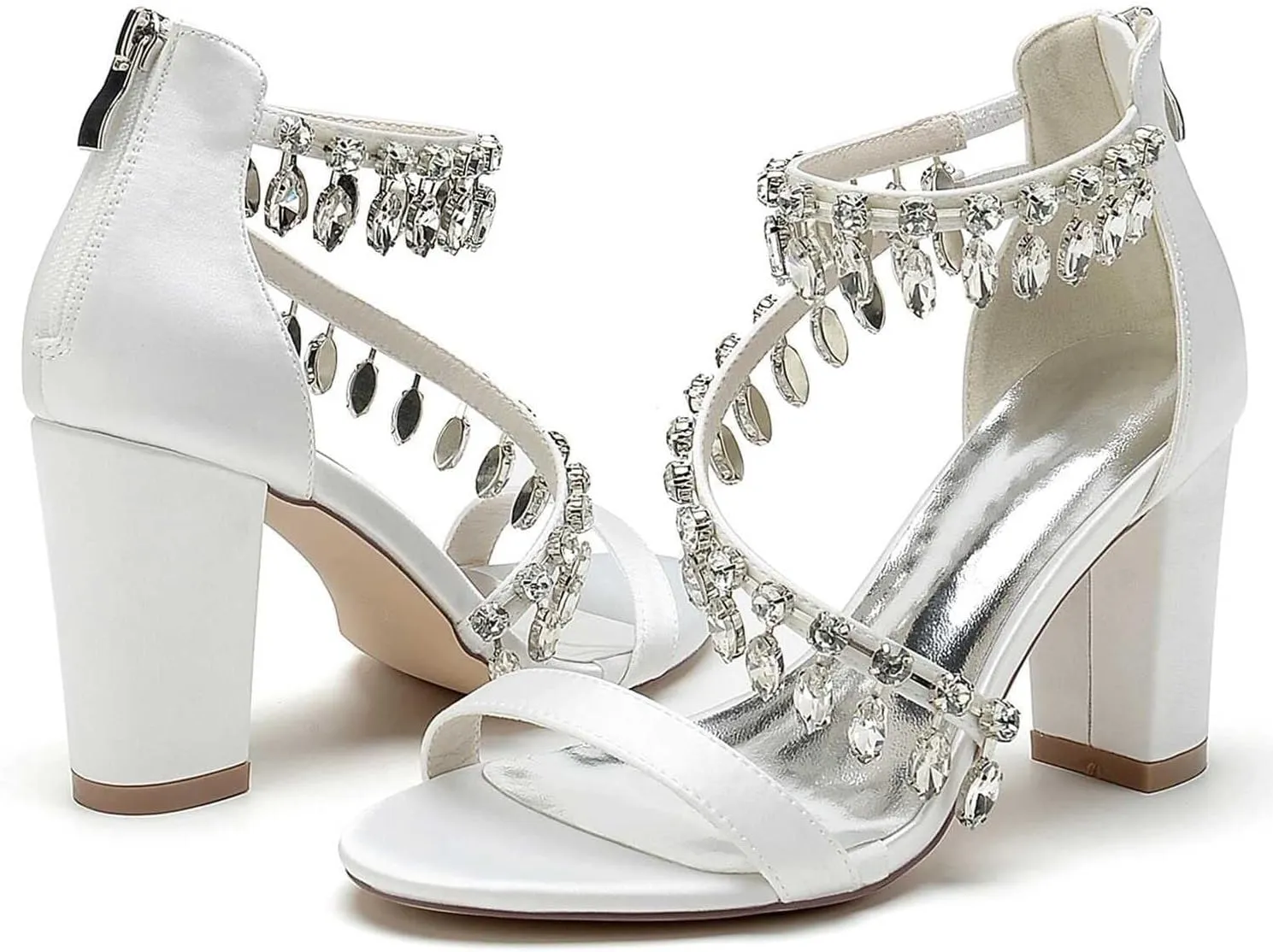 Womens Wedding Shoes Mid-Heel Wedding Sandals for Brides Open-Toe, Rhinestone-Accented with Zipper - Ideal for Formal Parties & Summer Weddings(White,10)