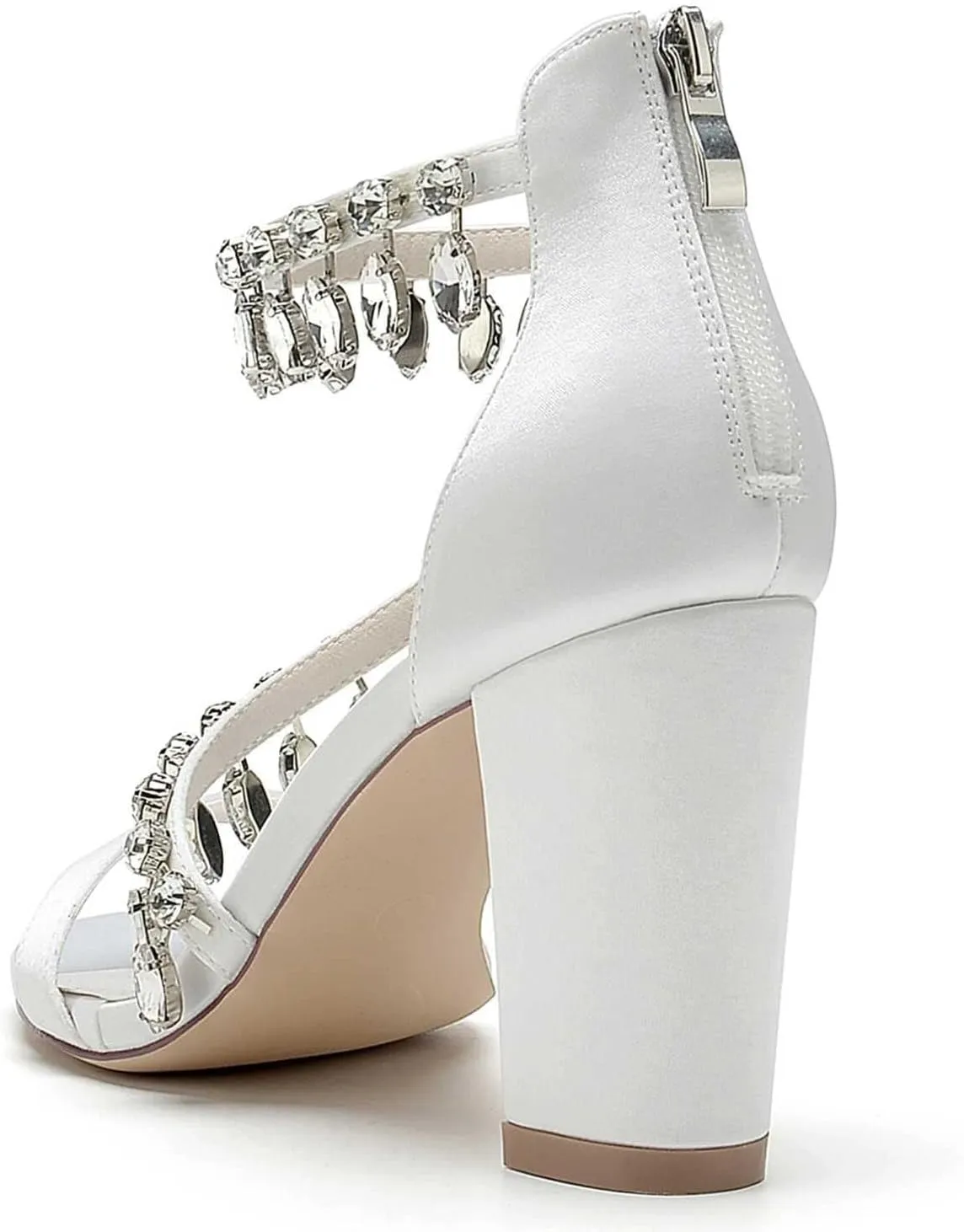 Womens Wedding Shoes Mid-Heel Wedding Sandals for Brides Open-Toe, Rhinestone-Accented with Zipper - Ideal for Formal Parties & Summer Weddings(White,10)