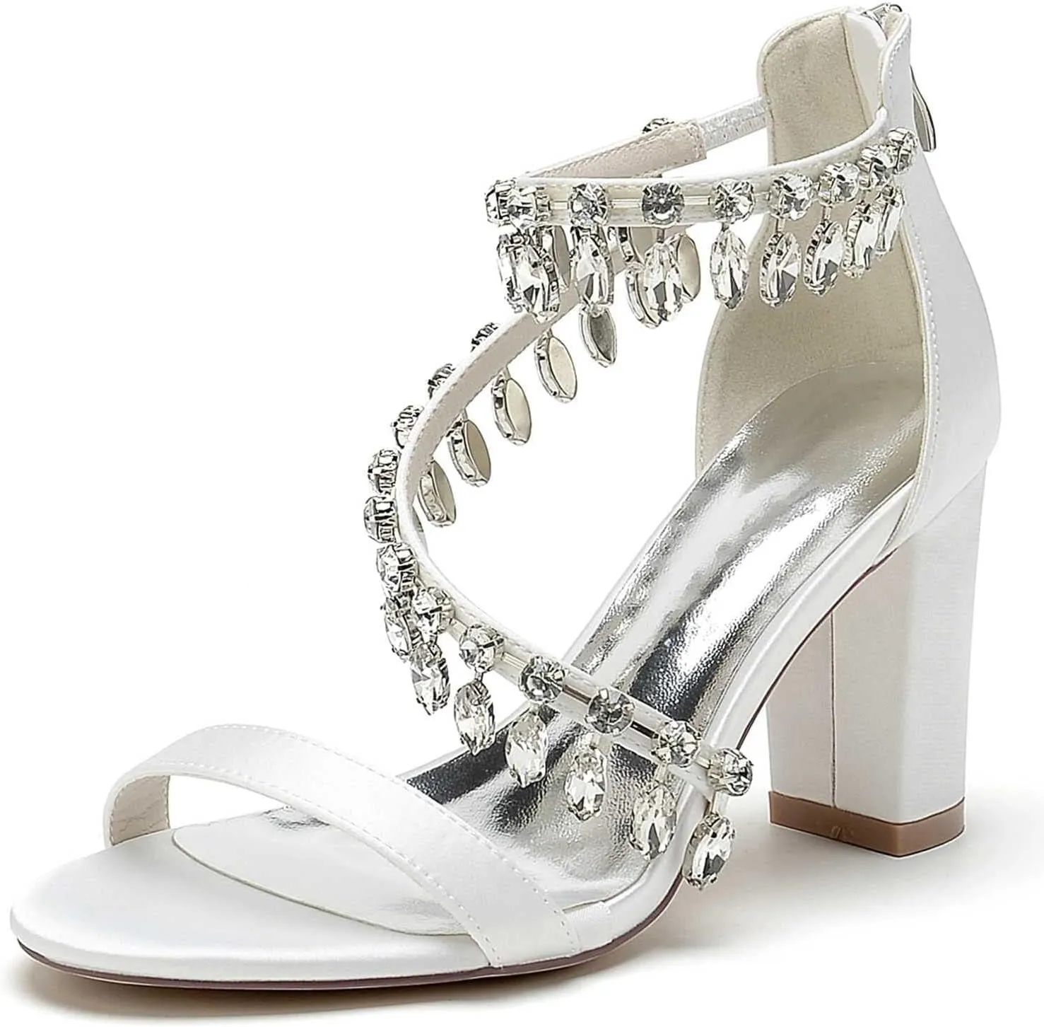 Womens Wedding Shoes Mid-Heel Wedding Sandals for Brides Open-Toe, Rhinestone-Accented with Zipper - Ideal for Formal Parties & Summer Weddings(White,10)