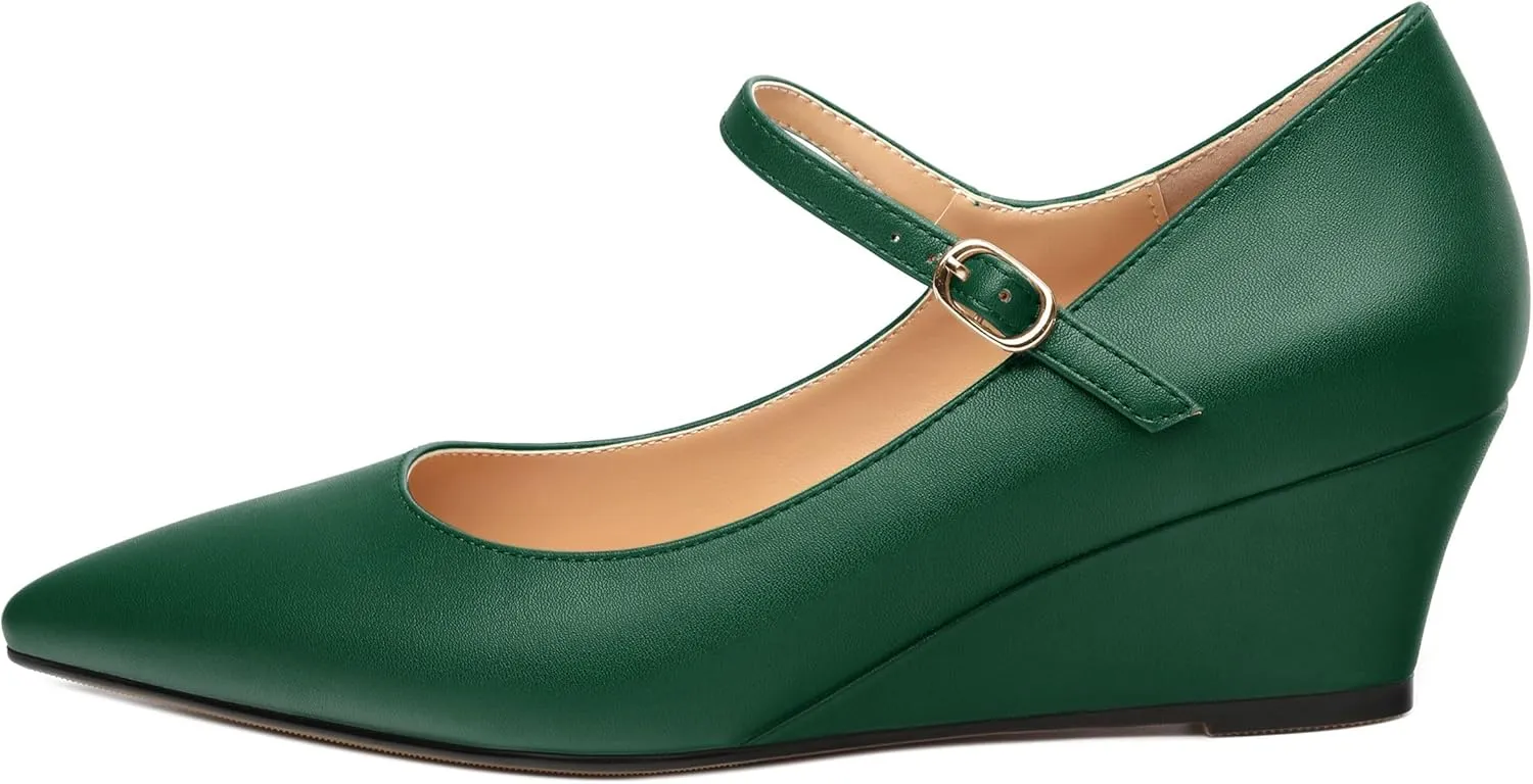Womens Wedges Mary Jane Pointed Toe Ankle Strap Wedge Low Heel Dress Shoes Pumps for Women 2 Inches
