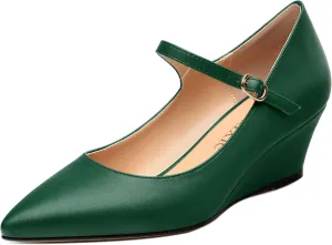 Womens Wedges Mary Jane Pointed Toe Ankle Strap Wedge Low Heel Dress Shoes Pumps for Women 2 Inches