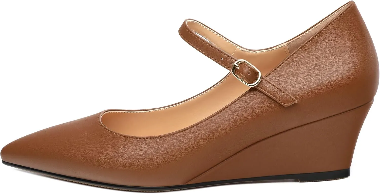 Womens Wedges Mary Jane Pointed Toe Ankle Strap Wedge Low Heel Dress Shoes Pumps for Women 2 Inches