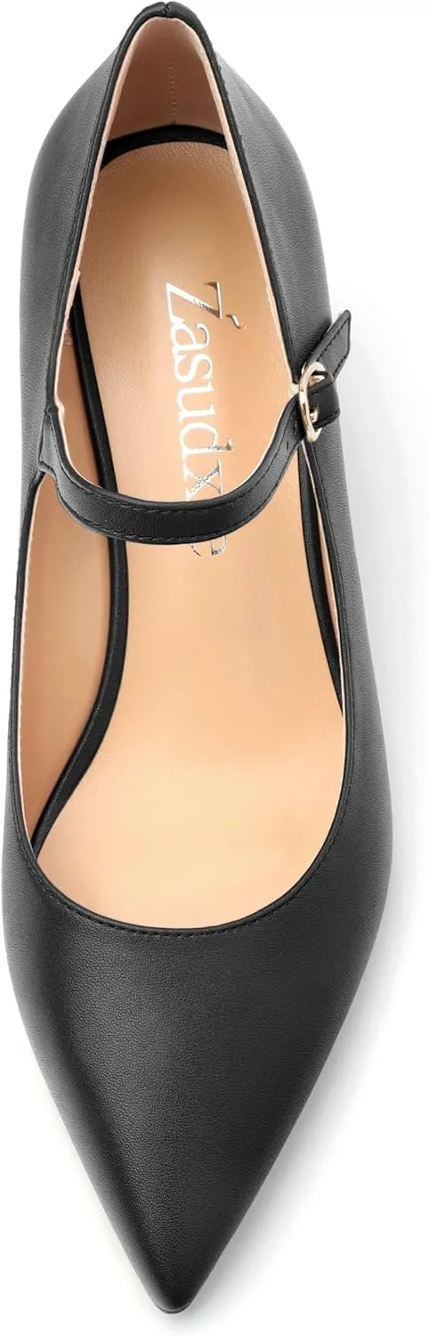 Womens Wedges Mary Jane Pointed Toe Ankle Strap Wedge Low Heel Dress Shoes Pumps for Women 2 Inches
