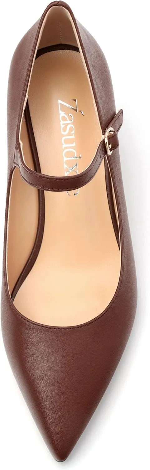 Womens Wedges Mary Jane Pointed Toe Ankle Strap Wedge Low Heel Dress Shoes Pumps for Women 2 Inches