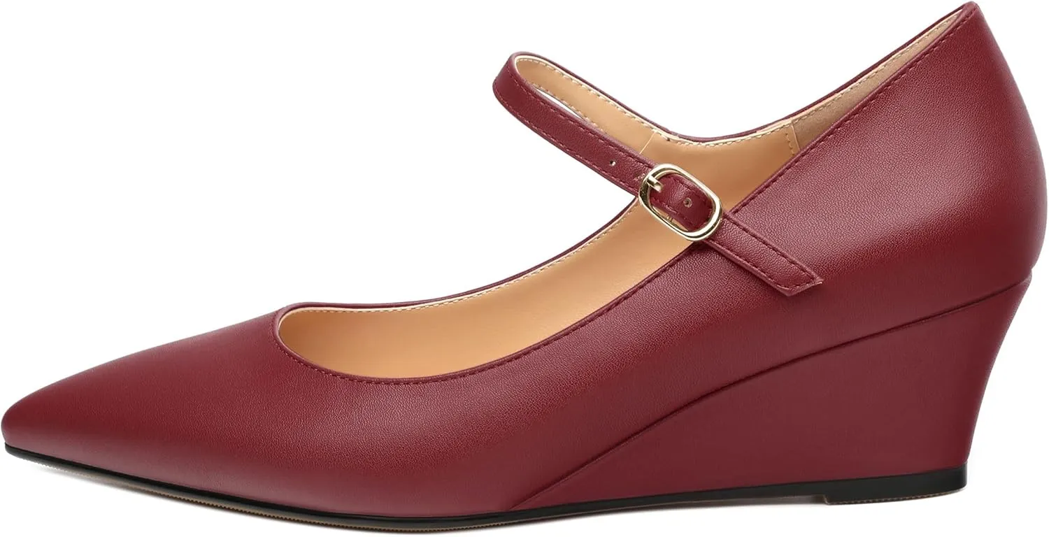 Womens Wedges Mary Jane Pointed Toe Ankle Strap Wedge Low Heel Dress Shoes Pumps for Women 2 Inches