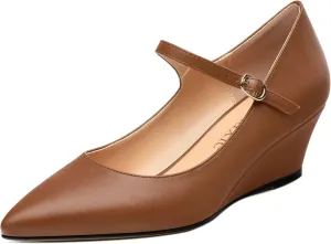 Womens Wedges Mary Jane Pointed Toe Ankle Strap Wedge Low Heel Dress Shoes Pumps for Women 2 Inches