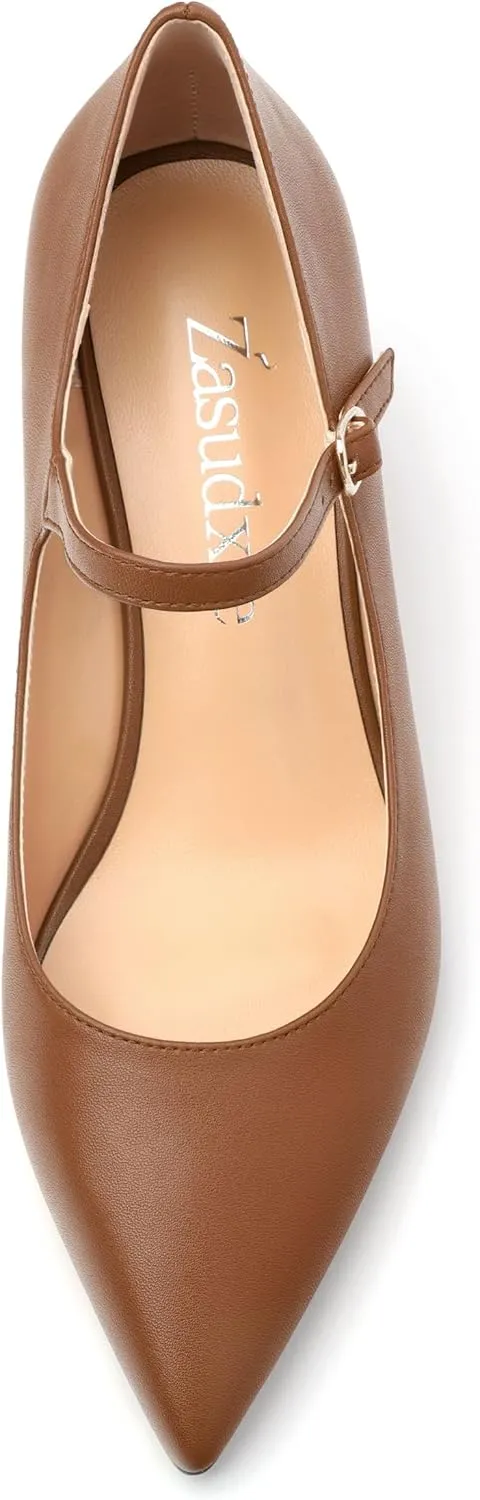 Womens Wedges Mary Jane Pointed Toe Ankle Strap Wedge Low Heel Dress Shoes Pumps for Women 2 Inches
