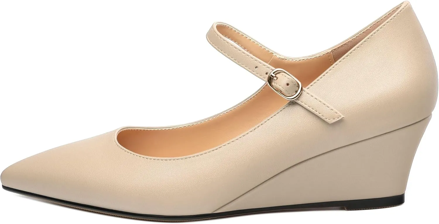 Womens Wedges Mary Jane Pointed Toe Ankle Strap Wedge Low Heel Dress Shoes Pumps for Women 2 Inches