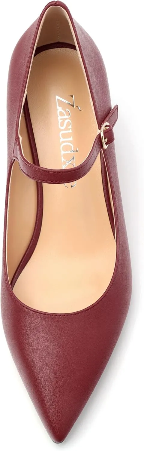 Womens Wedges Mary Jane Pointed Toe Ankle Strap Wedge Low Heel Dress Shoes Pumps for Women 2 Inches