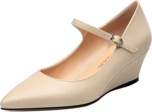 Womens Wedges Mary Jane Pointed Toe Ankle Strap Wedge Low Heel Dress Shoes Pumps for Women 2 Inches