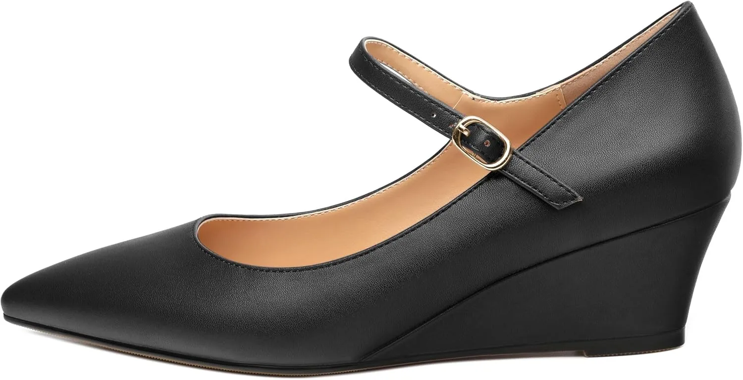 Womens Wedges Mary Jane Pointed Toe Ankle Strap Wedge Low Heel Dress Shoes Pumps for Women 2 Inches