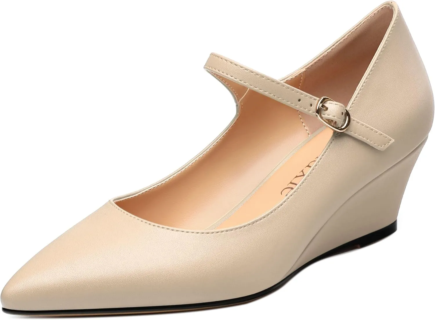 Womens Wedges Mary Jane Pointed Toe Ankle Strap Wedge Low Heel Dress Shoes Pumps for Women 2 Inches