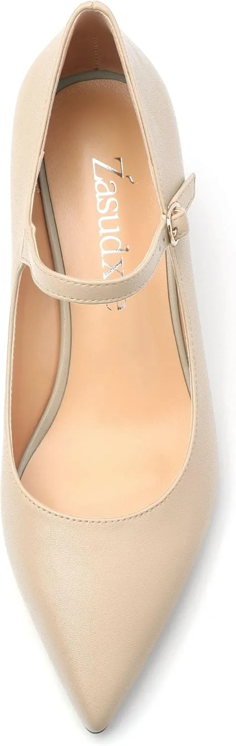 Womens Wedges Mary Jane Pointed Toe Ankle Strap Wedge Low Heel Dress Shoes Pumps for Women 2 Inches