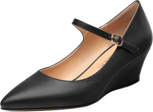Womens Wedges Mary Jane Pointed Toe Ankle Strap Wedge Low Heel Dress Shoes Pumps for Women 2 Inches