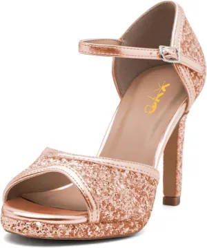 XYD Women Glitter Stiletto Heels Platform Ankle Strap Sequins Ballroom Latin Dance Shoes Open Toe High Heeled Sandals