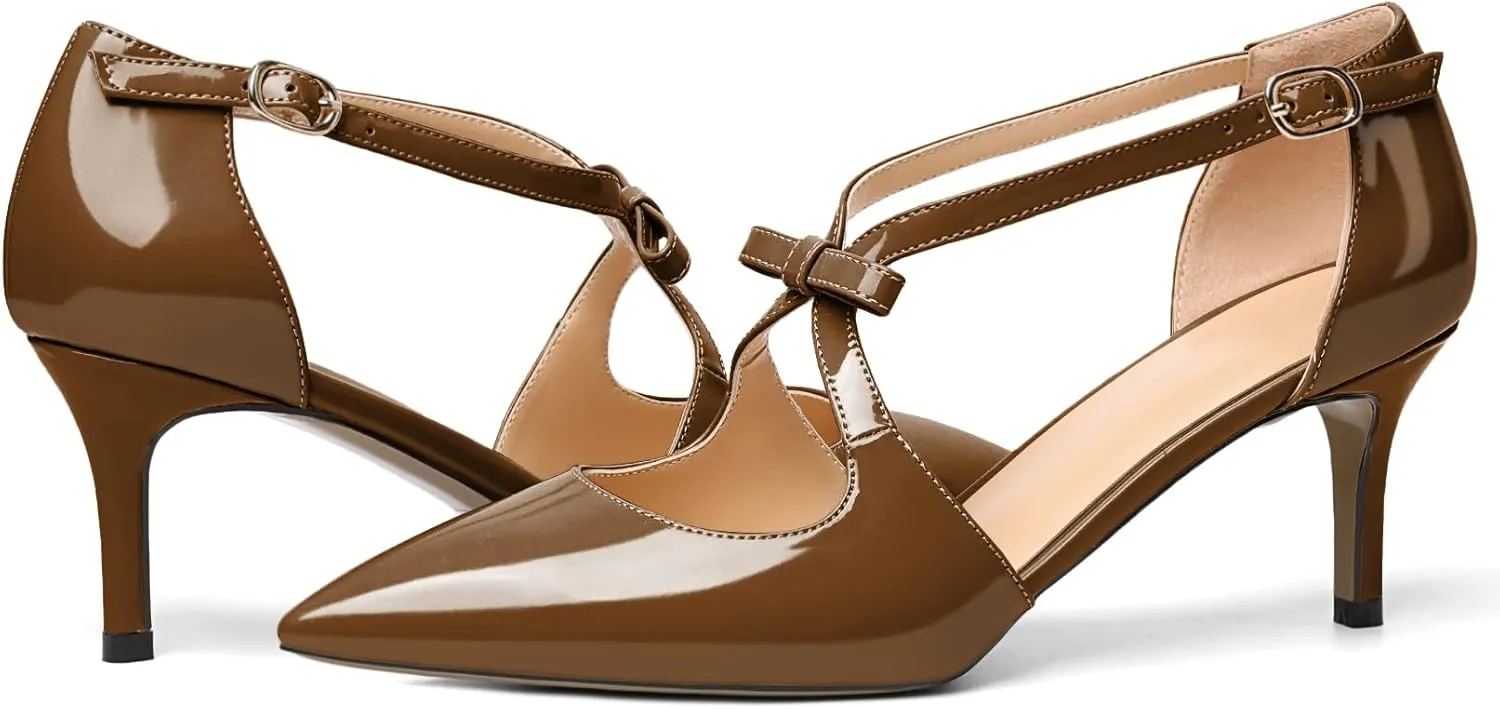YODEKS Women's Kitten Heel Pumps, Pointed Toe Heels with Crossed Strap,D'Orsay Low Heeled 2.5 Inch Knot Casual Wedding Shoes for Women Fashion Dress Shoes