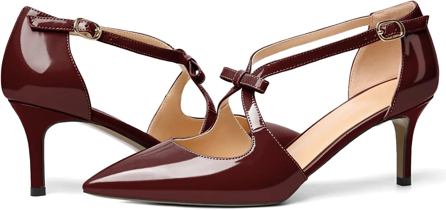 YODEKS Women's Kitten Heel Pumps, Pointed Toe Heels with Crossed Strap,D'Orsay Low Heeled 2.5 Inch Knot Casual Wedding Shoes for Women Fashion Dress Shoes