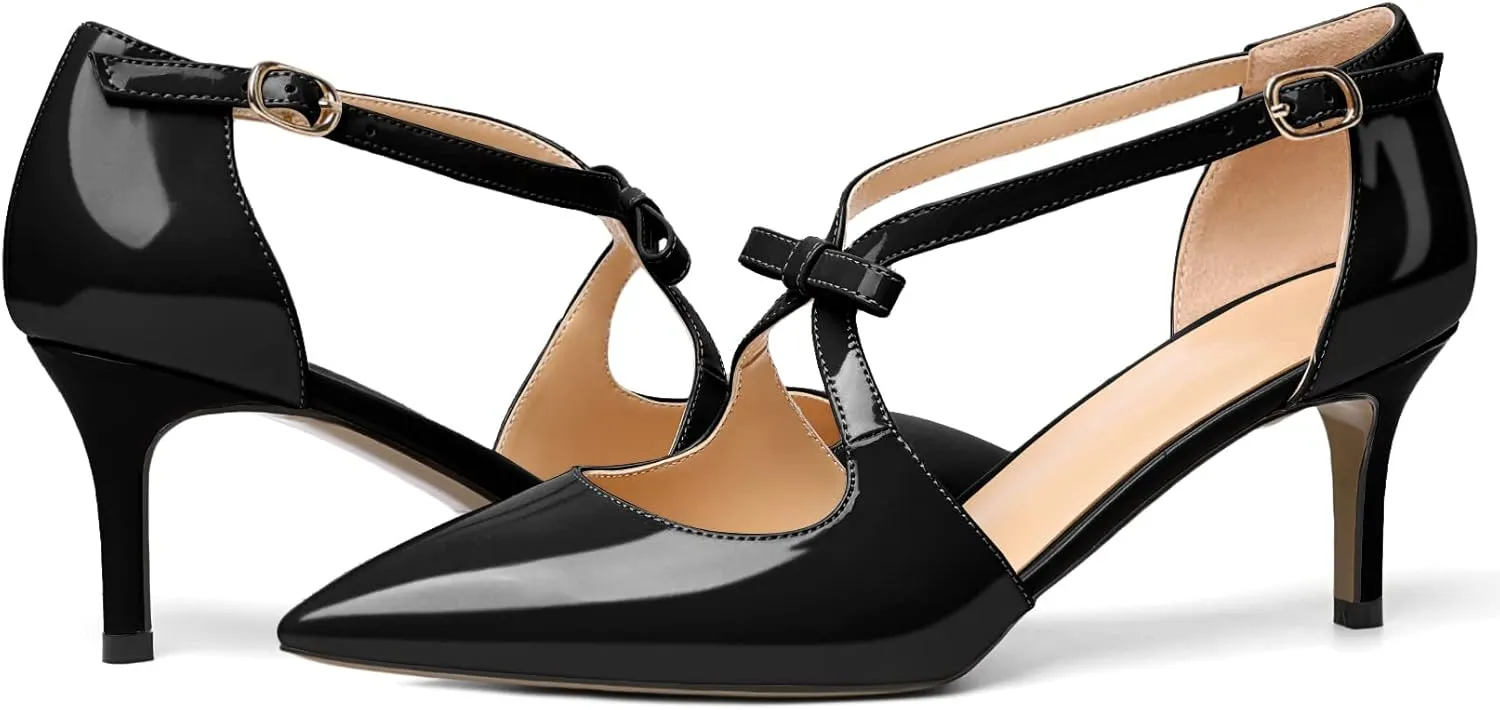 YODEKS Women's Kitten Heel Pumps, Pointed Toe Heels with Crossed Strap,D'Orsay Low Heeled 2.5 Inch Knot Casual Wedding Shoes for Women Fashion Dress Shoes