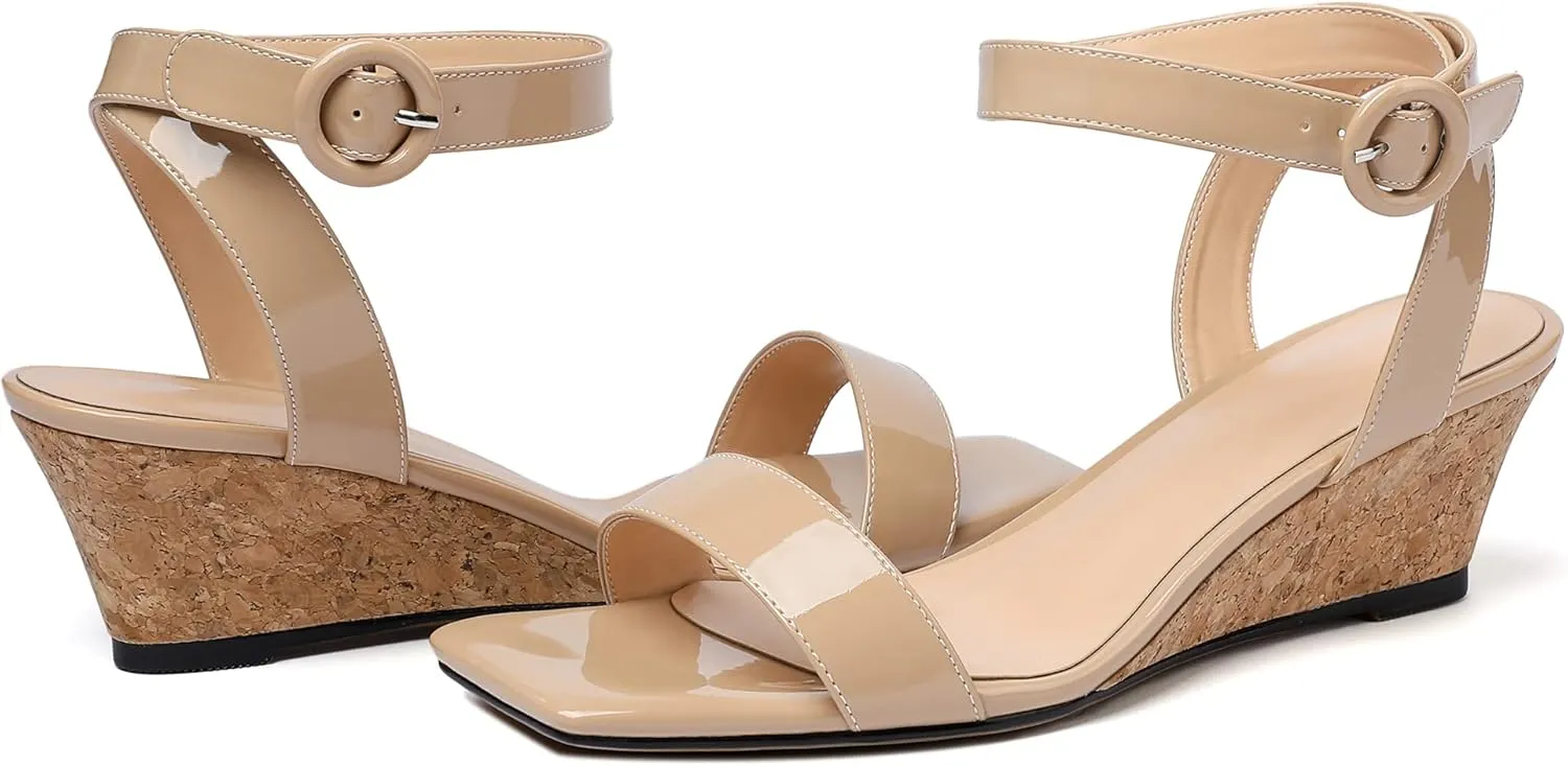 YODEKS Womens Wedge Sandals 2 Inch Low Cork Heel Pumps Square Open Toe Shoes with Ankle Strap for Party Workplace Casual Dress