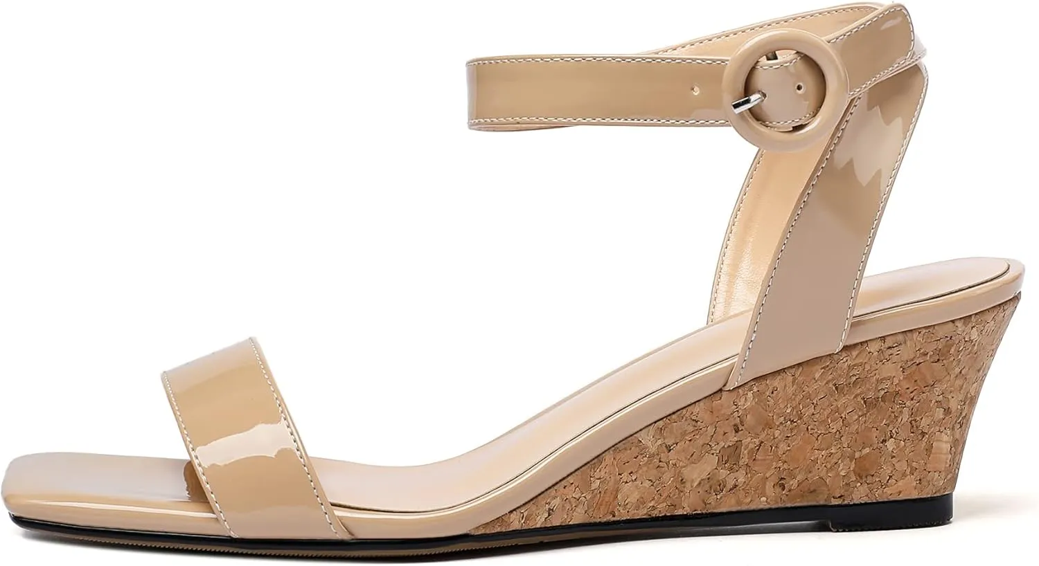 YODEKS Womens Wedge Sandals 2 Inch Low Cork Heel Pumps Square Open Toe Shoes with Ankle Strap for Party Workplace Casual Dress