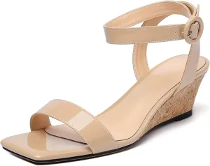 YODEKS Womens Wedge Sandals 2 Inch Low Cork Heel Pumps Square Open Toe Shoes with Ankle Strap for Party Workplace Casual Dress